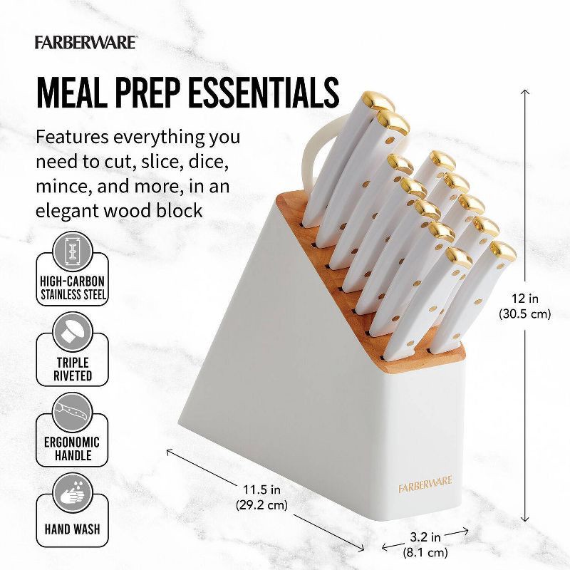 slide 4 of 8, Farberware 14pc Slim Knife Set White: High Carbon Stainless Steel Block with Ergonomic Design & Shears, 14 ct