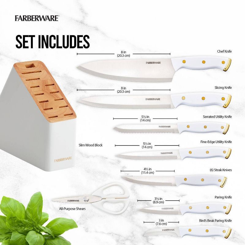slide 5 of 8, Farberware 14pc Slim Knife Set White: High Carbon Stainless Steel Block with Ergonomic Design & Shears, 14 ct