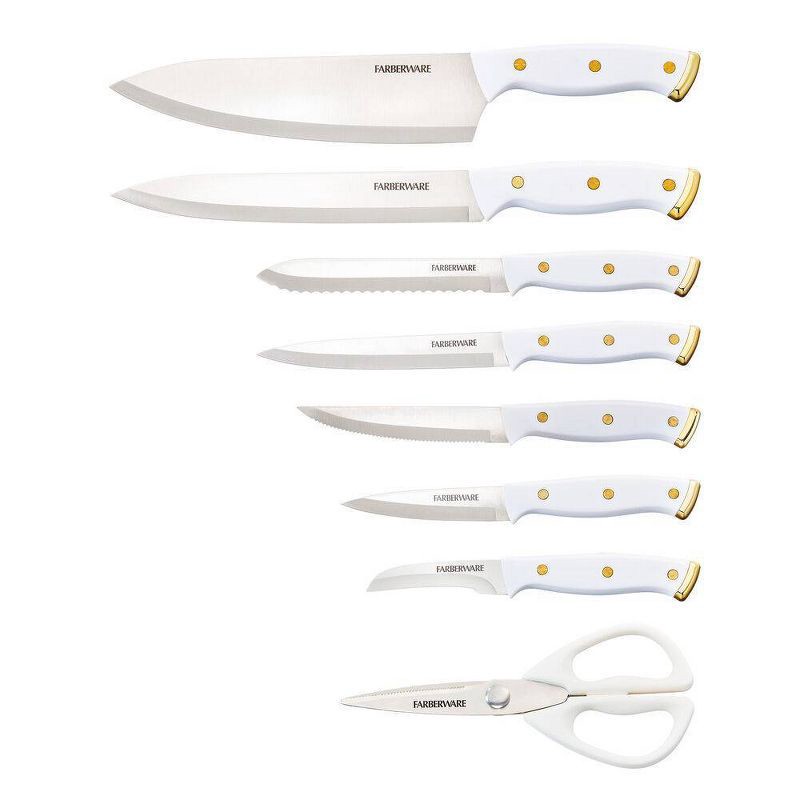 slide 9 of 10, Farberware 14pc Slim Knife Set White: High Carbon Stainless Steel Block with Ergonomic Design & Shears, 14 ct