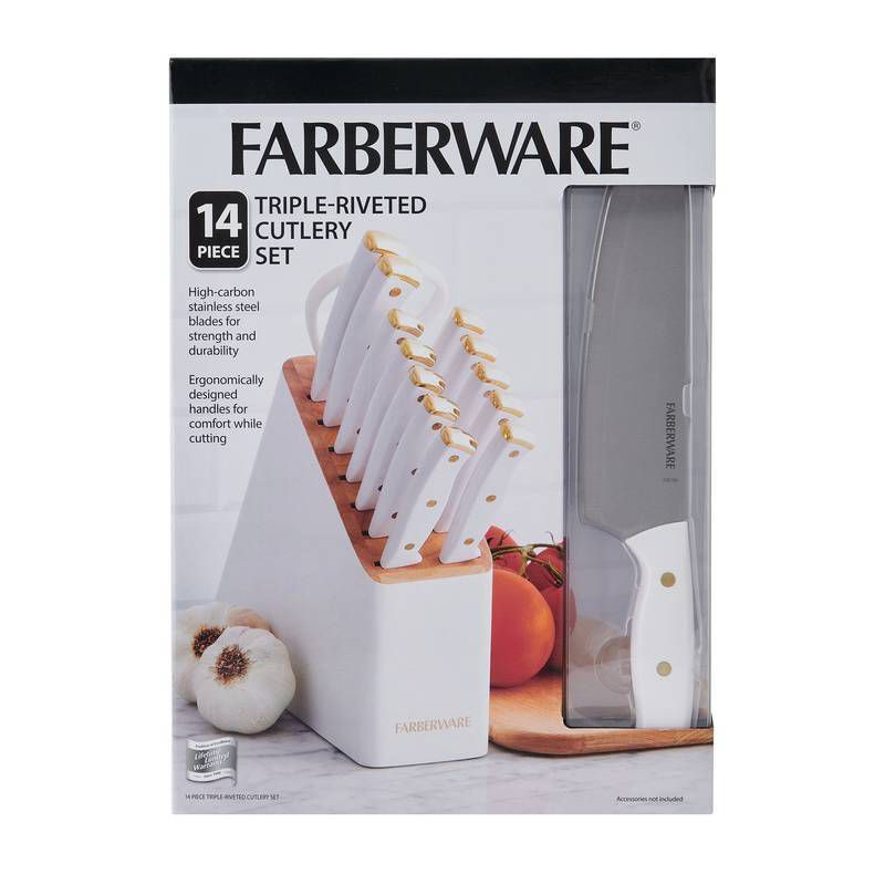 slide 10 of 10, Farberware 14pc Slim Knife Set White: High Carbon Stainless Steel Block with Ergonomic Design & Shears, 14 ct