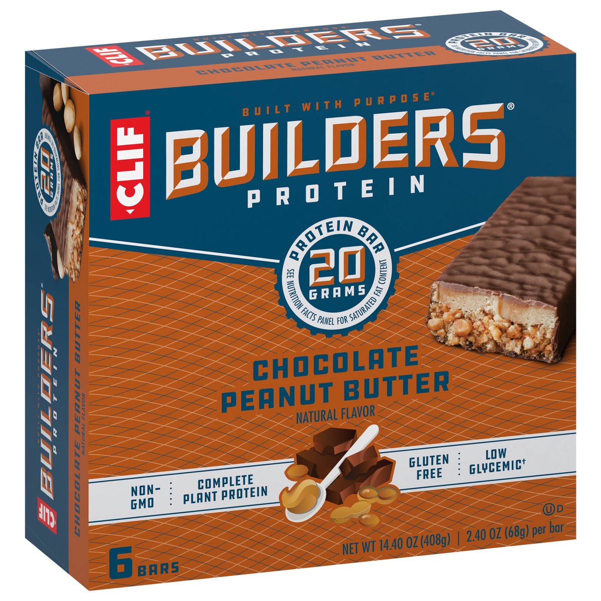 slide 2 of 9, CLIF Builders - Chocolate Peanut Butter Flavor - Protein Bars - Gluten-Free - Non-GMO - Low Glycemic - 20g Protein - 2.4 oz. (6 Pack), 14.4 oz