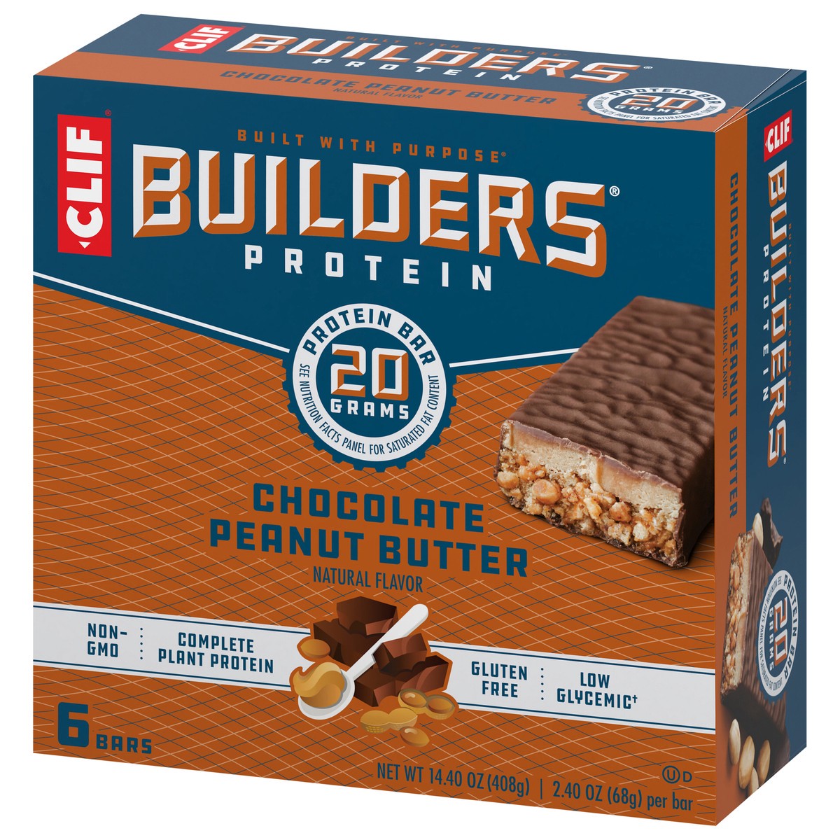slide 3 of 9, CLIF Builders - Chocolate Peanut Butter Flavor - Protein Bars - Gluten-Free - Non-GMO - Low Glycemic - 20g Protein - 2.4 oz. (6 Pack), 14.4 oz