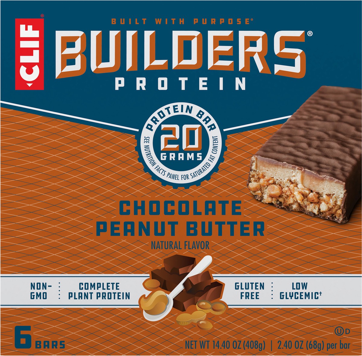 slide 6 of 9, CLIF Builders - Chocolate Peanut Butter Flavor - Protein Bars - Gluten-Free - Non-GMO - Low Glycemic - 20g Protein - 2.4 oz. (6 Pack), 14.4 oz