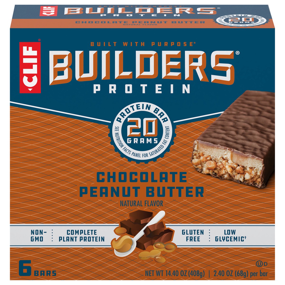 slide 1 of 9, CLIF Builders - Chocolate Peanut Butter Flavor - Protein Bars - Gluten-Free - Non-GMO - Low Glycemic - 20g Protein - 2.4 oz. (6 Pack), 14.4 oz