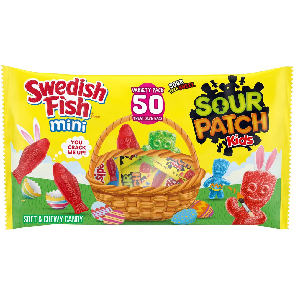 slide 2 of 6, Sour Patch/Swedish Fish Red SOUR PATCH KIDS Candy & SWEDISH FISH Candy Easter Candy Variety Pack, 50 Treat Size Packs, 1.65 lb