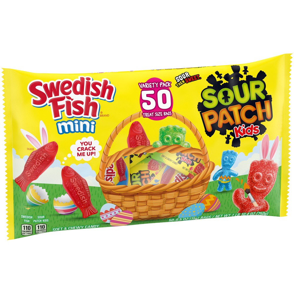 slide 3 of 6, Sour Patch/Swedish Fish Red SOUR PATCH KIDS Candy & SWEDISH FISH Candy Easter Candy Variety Pack, 50 Treat Size Packs, 1.65 lb