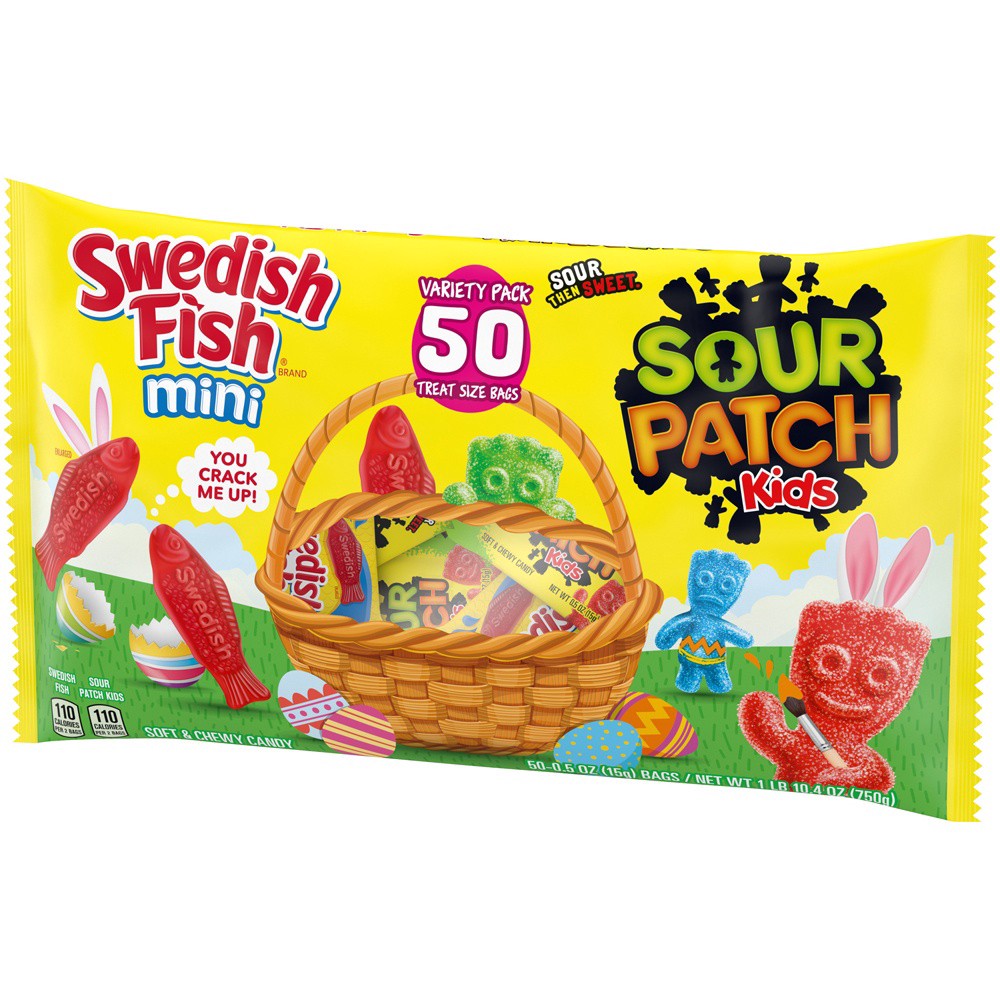 slide 5 of 6, Sour Patch/Swedish Fish Red SOUR PATCH KIDS Candy & SWEDISH FISH Candy Easter Candy Variety Pack, 50 Treat Size Packs, 1.65 lb