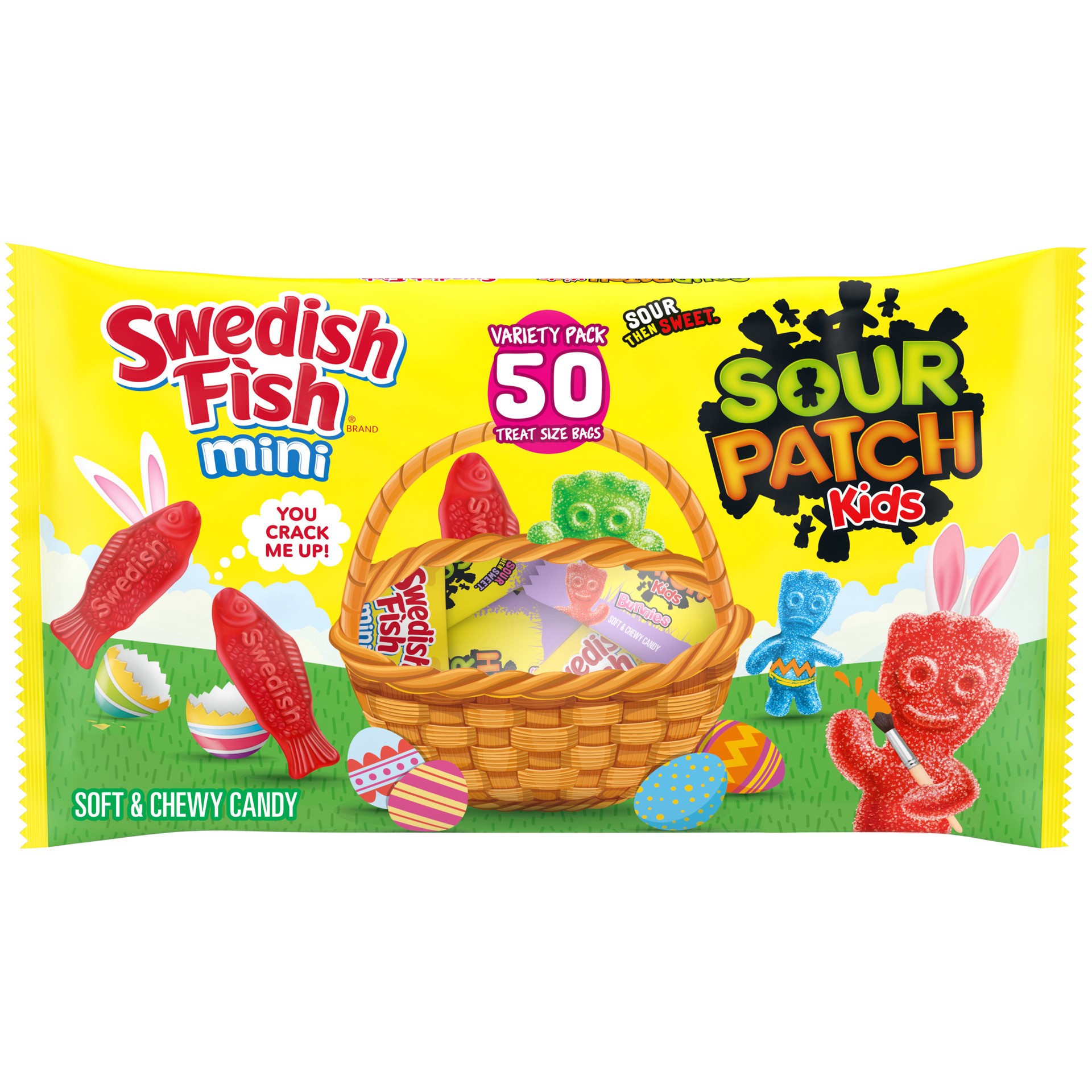 slide 1 of 6, Sour Patch/Swedish Fish Red SOUR PATCH KIDS Candy & SWEDISH FISH Candy Easter Candy Variety Pack, 50 Treat Size Packs, 1.65 lb