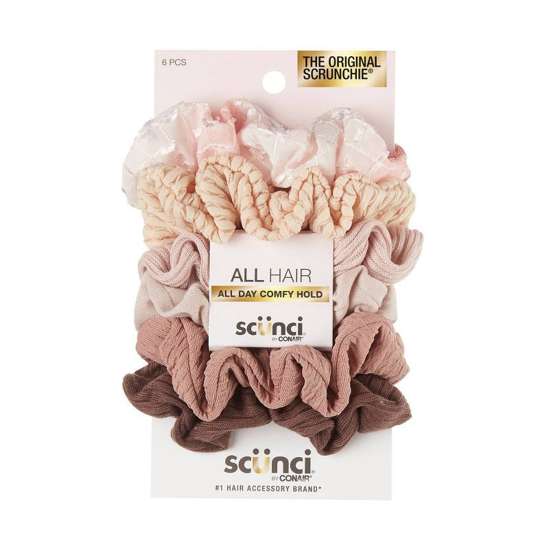 slide 1 of 7, scunci scünci No Damage Textured Scrunchies - Creams/Pink/Brown - All Hair - 6pcs, 6 ct