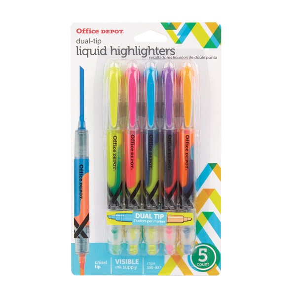slide 1 of 7, Office Depot Brand Dual-End Pen-Style Highlighters, Chisel Point, Assorted Colors, Pack Of 5, 5 ct