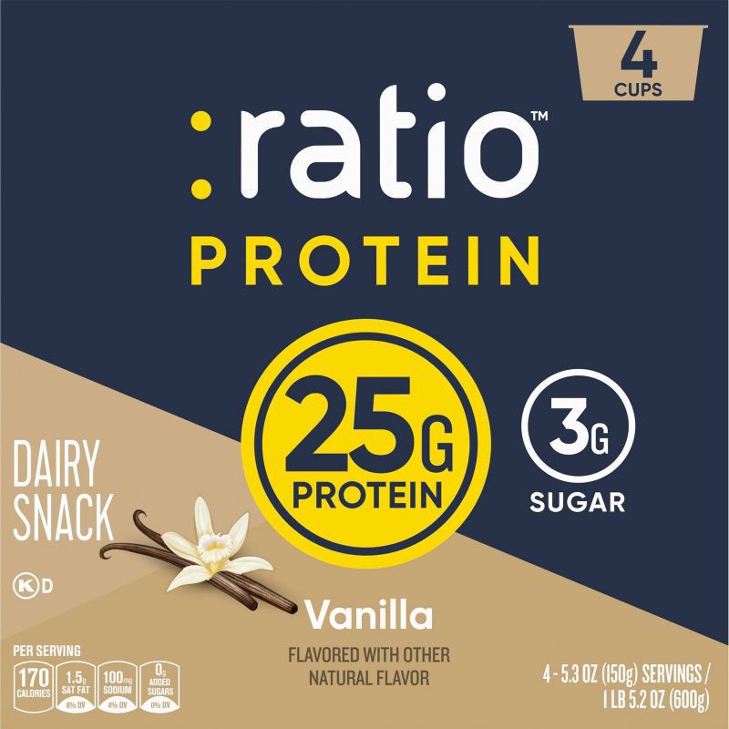 slide 7 of 8, :ratio Protein Vanilla Greek Yogurt - 25g Protein 21.2oz/4pk, 25 gram, 21.2 oz, 4 ct
