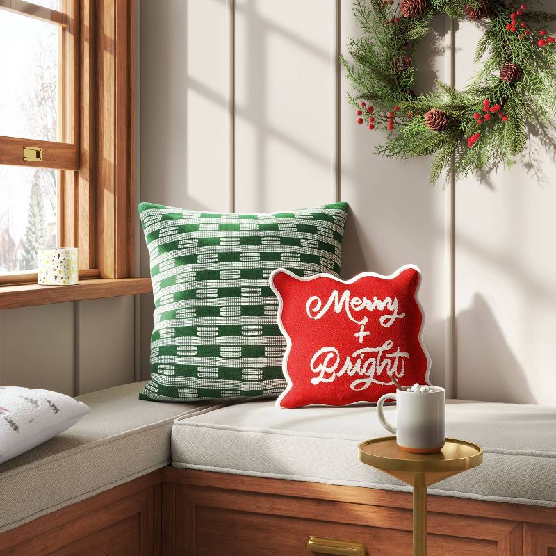 slide 2 of 5, Woven Merry And Bright Square Throw Pillow with Scalloped Trim Red/Ivory - Threshold™, 1 ct