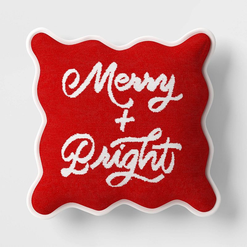 slide 1 of 5, Woven Merry And Bright Square Throw Pillow with Scalloped Trim Red/Ivory - Threshold™, 1 ct