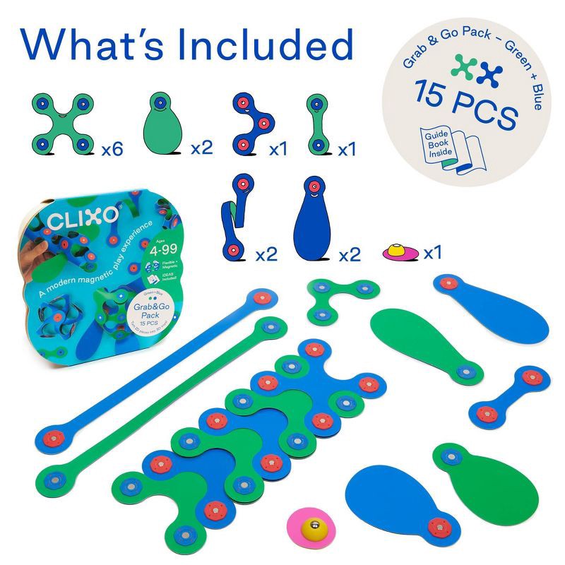 slide 2 of 6, Clixo Grab & Go - Green/Blue: Magnetic Building Set for Creative Thinking, Fine Motor Skills, 15 Pieces, 15 ct