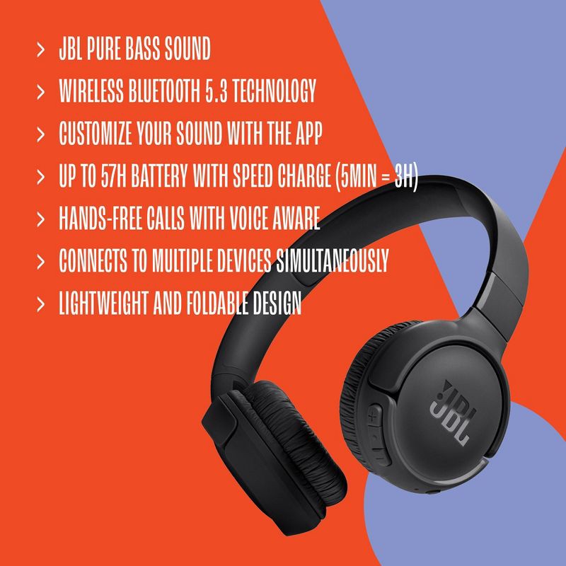 slide 5 of 19, JBL Tune 520BT Bluetooth Wireless On-Ear Headphones - Purple: USB-C, Built-In Microphone, 1 ct