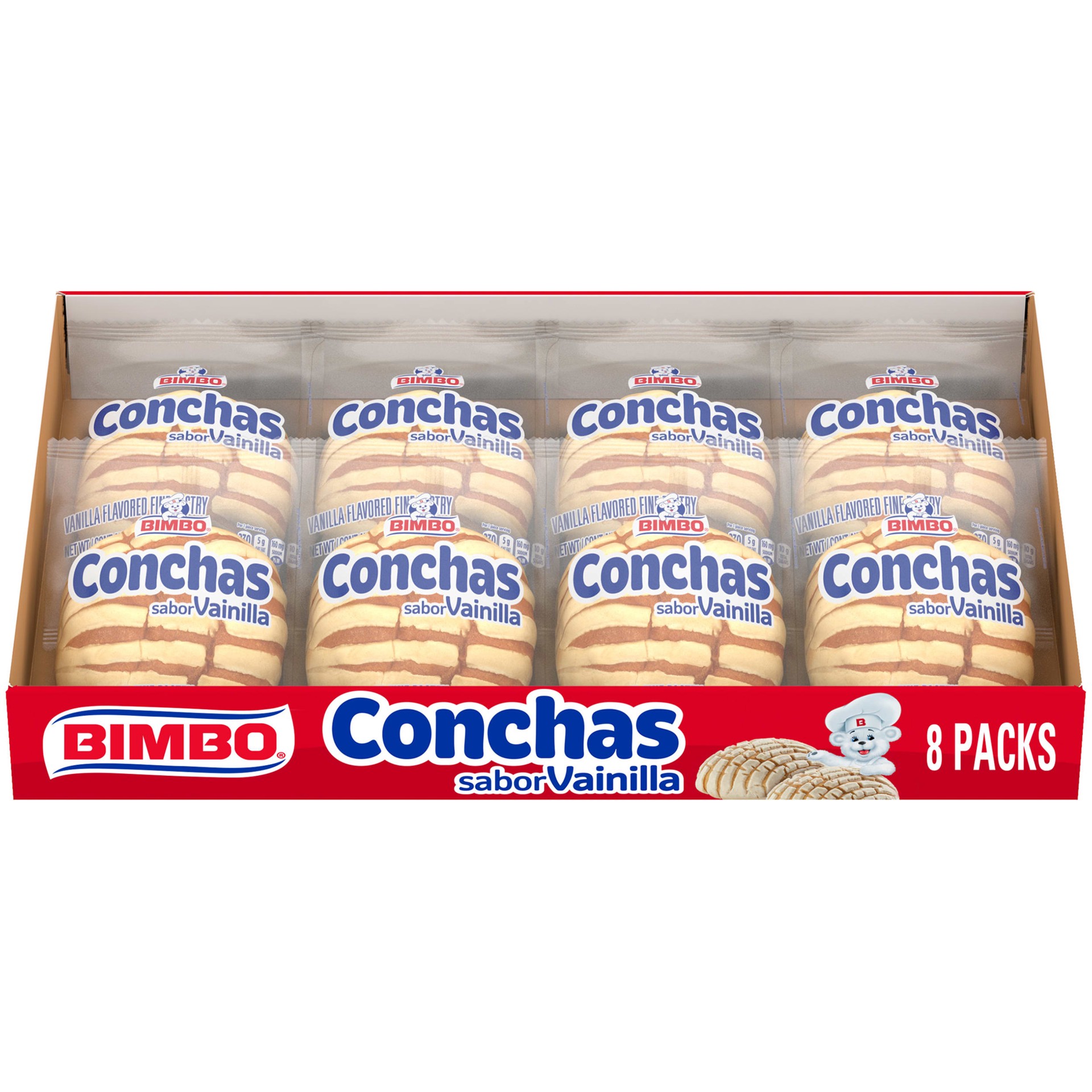 slide 1 of 6, Bimbo Conchas Vanilla Pastry, 8 packs, Pastries, 16.96 oz Box, 8 ct