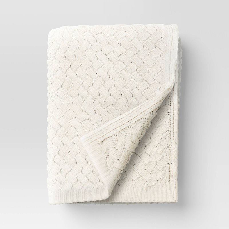 slide 1 of 5, Chenille knit Throw Blanket Ivory - Threshold™: Midweight Basket Weave, 50x60", Sensory Friendly, Machine Washable, 1 ct