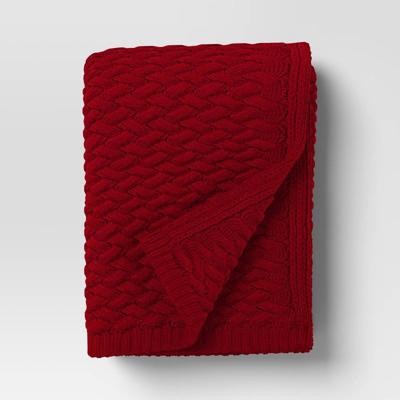 slide 1 of 4, Chenille knit Throw Blanket Red - Threshold™: Midweight Basket Weave, 50x60", Sensory Friendly, Machine Washable, 1 ct