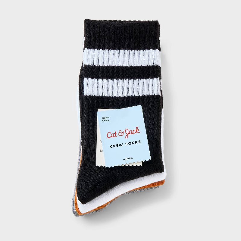 slide 2 of 3, Boys' 4pk Striped Crew Socks - Cat & Jack™ Neutral M: Midweight Knit, Rib Cuffs, Multicolor Stripes, 4 ct