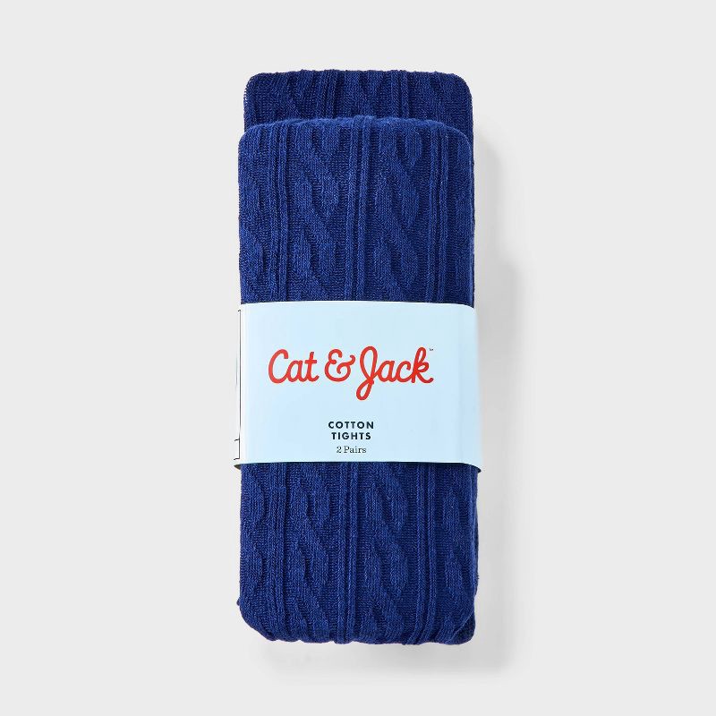 slide 2 of 3, Girls' 2pk Cotton Tights - Cat & Jack™ Blue M, 2 ct