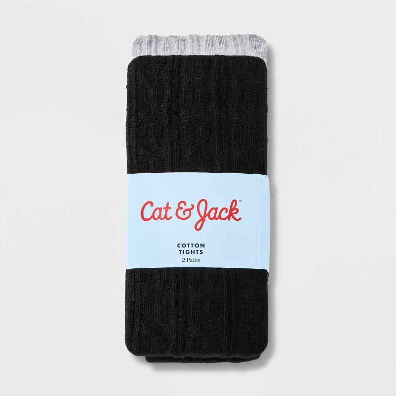 slide 2 of 3, Girls' 2pk Cotton Tights - Cat & Jack™ Black/Gray S, 2 ct