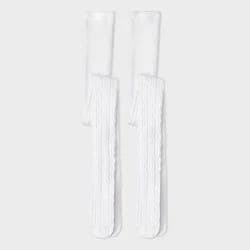 Girls' 2pk Cotton Tights - Cat & Jack™ White L: High Waisted Knit Hosiery, Abstract Pattern