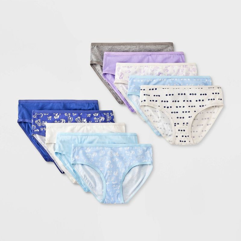 slide 1 of 4, Girls' 10pk 'Dogs' Cotton Hipster Underwear - Cat & Jack™ Violet/Blue/White 14: Mid Rise, Knit Fabric, 10 ct