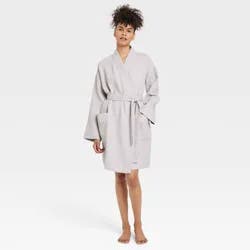 Women's Waffle Short Robe - Auden™ Light Gray XS/S: Front Tie, Long Sleeve, Front Pocket
