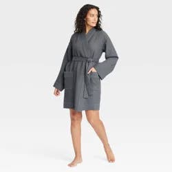 Women's Waffle Short Robe - Auden™ Dark Gray XL/XXL: Cotton Blend, Recycled Polyester, Long Sleeve, Front Tie, Front Pocket