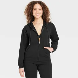 Women's Fleece Zip-Up Sweatshirt - Auden™ Black XXL: Cotton Blend, Recycled Polyester, Spandex, Hooded, Front Pocket, Machine Washable