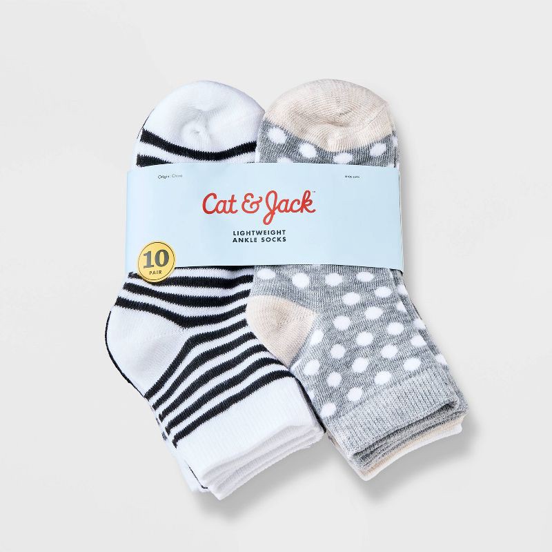 slide 2 of 3, Girls' 10pk Lightweight Ankle Striped & Dotted Socks - Cat & Jack™ Gray S: Recycled Polyester, Banded Cuff, 10 ct