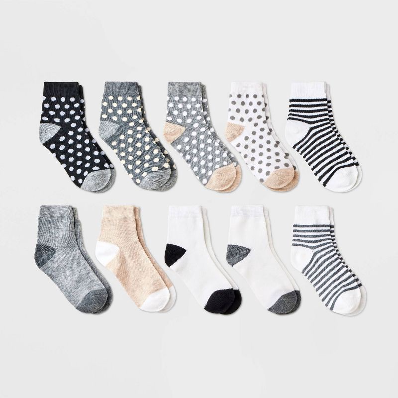 slide 1 of 3, Girls' 10pk Lightweight Ankle Striped & Dotted Socks - Cat & Jack™ Gray S: Recycled Polyester, Banded Cuff, 10 ct