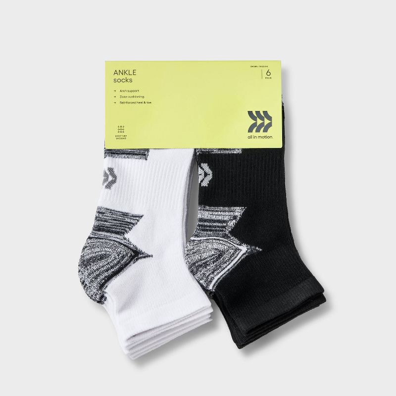 slide 2 of 3, Boys' 6pk Ankle Socks - All In Motion™ White/Black M: Arch Support, Cushioned Heel, Smooth Seams, 6 ct