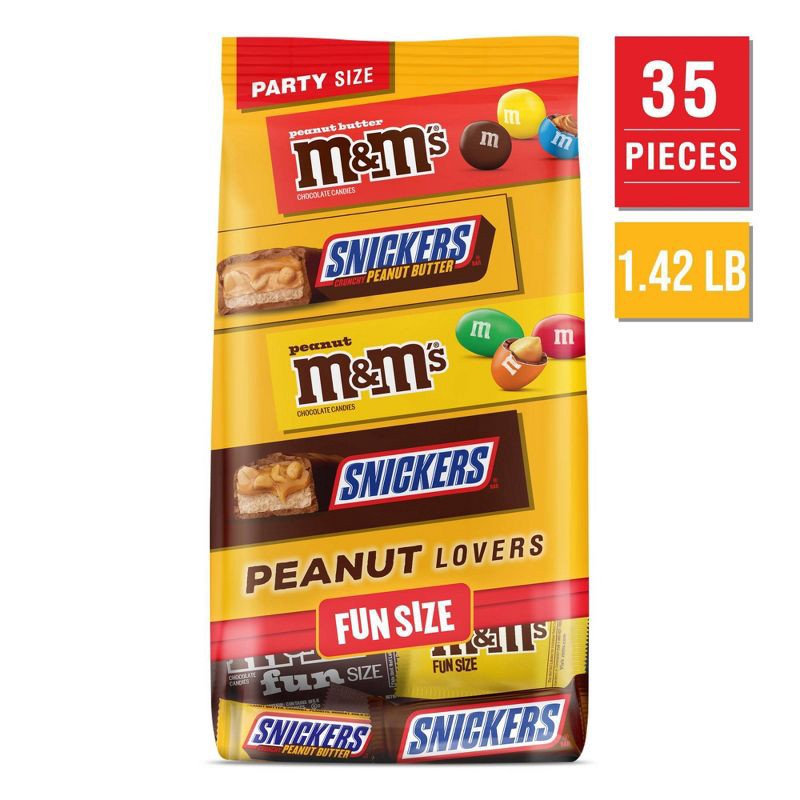 slide 1 of 7, Mars Snickers & M&M's Fun Size Peanut Lover Chocolate Candy Variety Pack - 22.66oz/35ct Bulk Bag, 22.66 oz, 35 ct