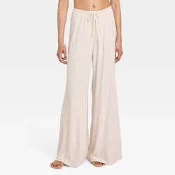 Women's Cozy Ribbed Wide Leg Pants - Auden™ Oatmeal XS: Relaxed Fit, Mid Rise, Full Waistband Elastic, Abstract Marble Pattern