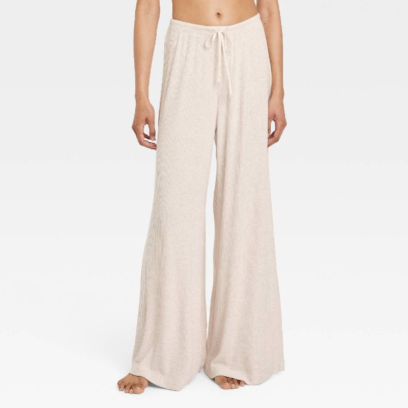 slide 1 of 3, Women's Cozy Ribbed Wide Leg Pants - Auden™ Oatmeal S: Relaxed Fit, Mid Rise, Abstract Pattern, 1 ct