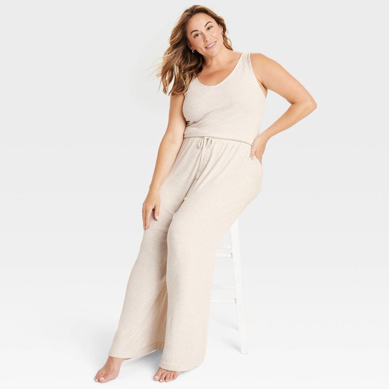 slide 3 of 3, Women's Cozy Ribbed Wide Leg Pants - Auden™ Oatmeal M: Midweight, Relaxed Fit, Abstract Marble Pattern, 1 ct