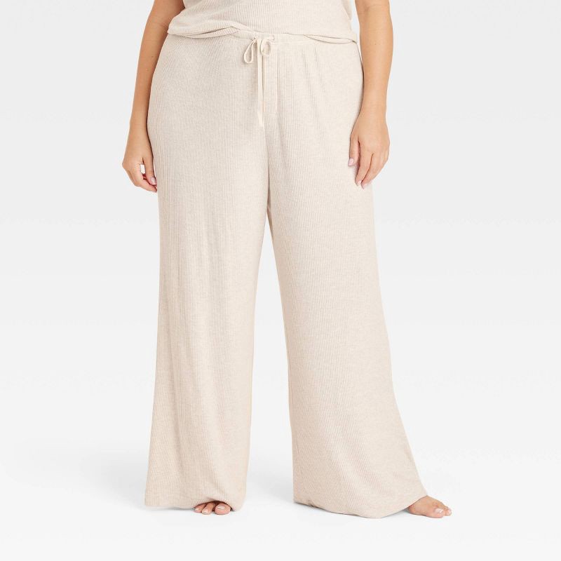 slide 1 of 3, Women's Cozy Ribbed Wide Leg Pants - Auden™ Oatmeal XL: Relaxed Fit, Mid Rise, Abstract Pattern, 1 ct