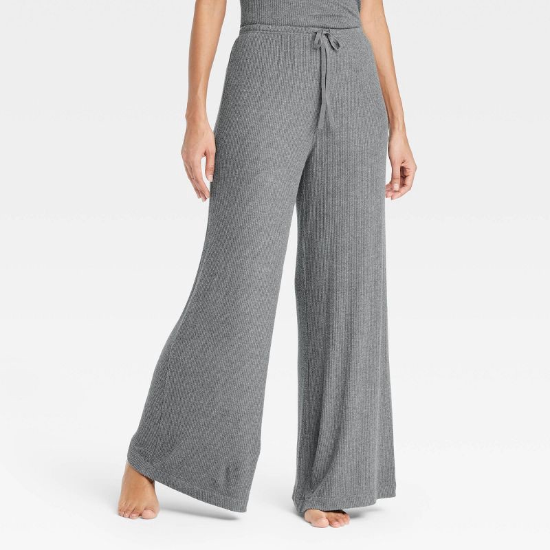 slide 1 of 3, Women's Cozy Ribbed Wide Leg Pants - Auden™ Dark Gray L: Mid Rise, Relaxed Fit, Elastic Waistband, 1 ct