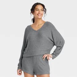 Women's Cozy Ribbed Pullover - Auden™ Dark Gray M: Relaxed Fit, V Neck, Dolman Sleeve