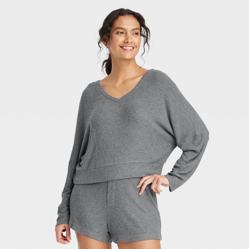 slide 1 of 3, Women's Cozy Ribbed Pullover - Auden™ Dark Gray XXL: Relaxed Fit, V Neck, Dolman Long Sleeve, Midweight, Abstract Marble Pattern, 1 ct