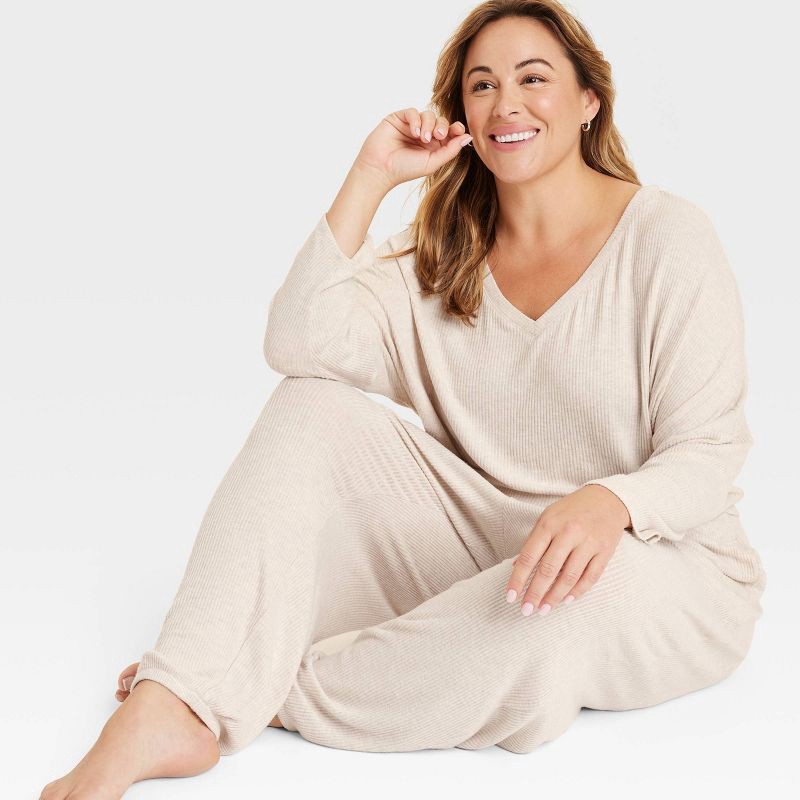 slide 5 of 5, Women's Cozy Ribbed Pullover - Auden™ Oatmeal M: Relaxed Fit, V Neck, Dolman Sleeve, Midweight Fabric, 1 ct