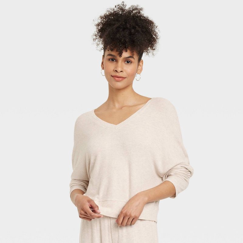 slide 1 of 5, Women's Cozy Ribbed Pullover - Auden™ Oatmeal M: Relaxed Fit, V Neck, Dolman Sleeve, Midweight Fabric, 1 ct