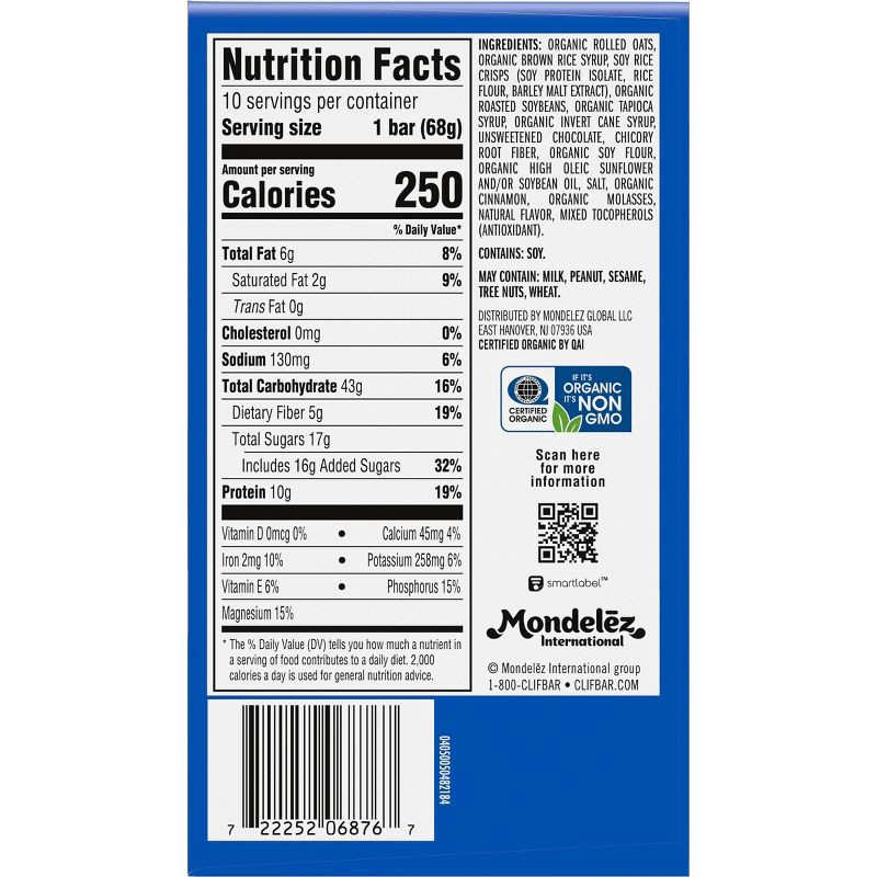 slide 12 of 15, CLIF Bar Chocolate Chip Granola Plant-Based Soy Protein Bar Made with Organic Oats - 10g Protein - 24oz/10ct, 10 gram, 24 oz, 10 ct