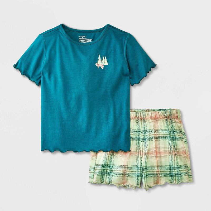 slide 1 of 4, Girls' 2pc Floral Plaid Short Sleeve Pajama Set - Cat & Jack™ Green XL, 2 ct