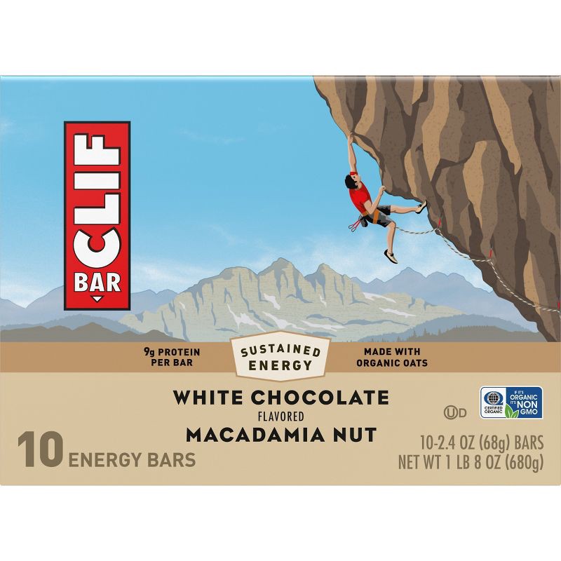 slide 2 of 15, CLIF Bar White Chocolate Macadamia Nut Granola Plant-Based Soy Protein Bar Made with Organic Oats - 9g Protein - 24oz/10ct, 9 gram, 24 oz, 10 ct