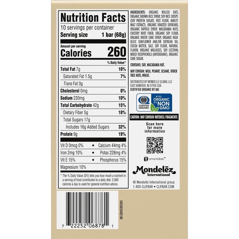 slide 12 of 15, CLIF Bar White Chocolate Macadamia Nut Granola Plant-Based Soy Protein Bar Made with Organic Oats - 9g Protein - 24oz/10ct, 9 gram, 24 oz, 10 ct