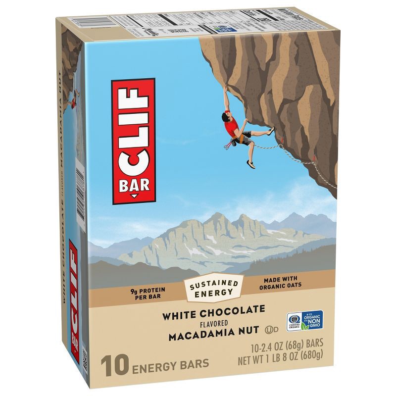 slide 8 of 15, CLIF Bar White Chocolate Macadamia Nut Granola Plant-Based Soy Protein Bar Made with Organic Oats - 9g Protein - 24oz/10ct, 9 gram, 24 oz, 10 ct