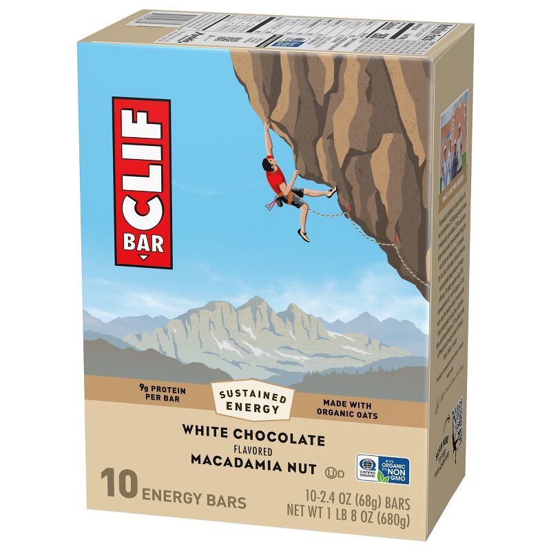 slide 9 of 15, CLIF Bar White Chocolate Macadamia Nut Granola Plant-Based Soy Protein Bar Made with Organic Oats - 9g Protein - 24oz/10ct, 9 gram, 24 oz, 10 ct