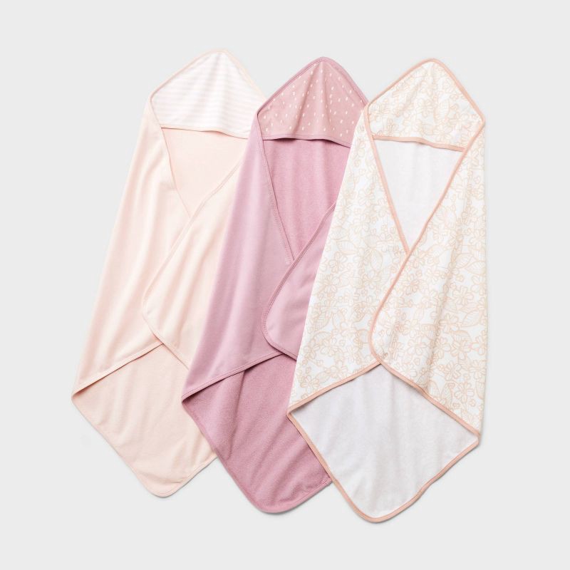 slide 1 of 2, Baby 3pk Hooded Towel - Cloud Island™ Pink: Extra Lightweight Cotton-Polyester Blend, Botanical Floral Design, 30"x30", 3 ct